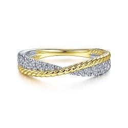 14K White-Yellow Gold Criss Cross Diamond Anniversary Band with Twisted Rope Detail - 0.25 ct Surrey Vancouver Canada Langley Burnaby Richmond