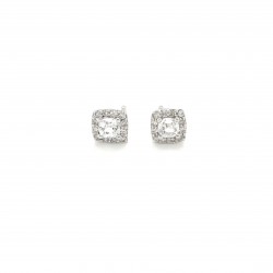  10K White Gold  Stud 3X3 White Topaz 10K White Cluster Earrings with .12 ct Diamonds Excel Surrey Vancouver Canada Langley Burnaby Richmond
