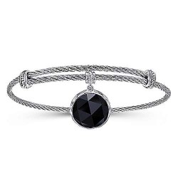  silver Silver Gold  Charm Adjustable Twisted Cable Stainless Steel Bangle with Round Sterling Silver Rock Crystal/Black Onyx Charm GabrielCo Surrey Vancouver Canada Langley Burnaby Richmond