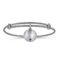  silver Silver Gold  Charm Adjustable Stainless Steel Bangle with Round Sterling Silver Amethyst Stone Disc Charm GabrielCo Surrey Vancouver Canada Langley Burnaby Richmond