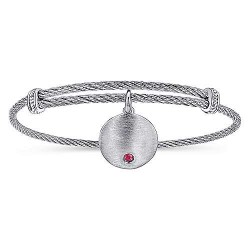  silver Silver Gold  Charm Adjustable Stainless Steel Bangle with Round Sterling Silver Ruby Stone Disc Charm GabrielCo Surrey Vancouver Canada Langley Burnaby Richmond