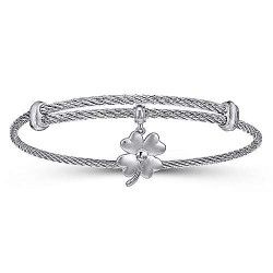 silver Silver Gold  Charm Adjustable Twisted Cable Stainless Steel Bangle with Sterling Silver 4 Leaf Clover Charm GabrielCo Surrey Vancouver Canada Langley Burnaby Richmond