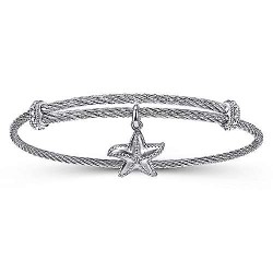  silver Silver Gold  Charm Adjustable Twisted Cable Stainless Steel Bangle with Sterling Silver Starfish Charm GabrielCo Surrey Vancouver Canada Langley Burnaby Richmond