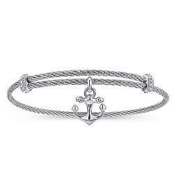  silver Silver Gold  Charm Adjustable Twisted Cable Stainless Steel Bangle with Sterling Silver Anchor Charm GabrielCo Surrey Vancouver Canada Langley Burnaby Richmond