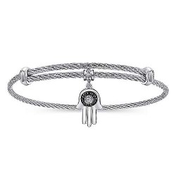  silver Silver Gold  Charm Adjustable Stainless Steel Bangle with Silver Black Spinel and White Sapphire Hamsa Charm GabrielCo Surrey Vancouver Canada Langley Burnaby Richmond