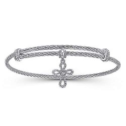  silver Silver Gold  Charm Adjustable Twisted Cable Stainless Steel Bangle with Sterling Silver and White Sapphire Cross Charm GabrielCo Surrey Vancouver Canada Langley Burnaby Richmond