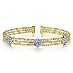  14K WhiteYellow Gold  Bangle Twisted 14K Yellow Gold Bangle with Three White Gold Diamond Pave Stations GabrielCo Surrey Vancouver Canada Langley Burnaby Richmond