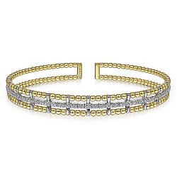  14K WhiteYellow Gold  Bangle 14K Yellow and White Gold Bujukan Bead Cuff Bracelet with Inner Diamond Channel GabrielCo Surrey Vancouver Canada Langley Burnaby Richmond