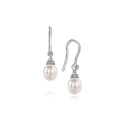  14K White Gold  Drop 14K White Gold Cultured Pearl Diamond Fish Hook Drop Earrings GabrielCo Surrey Vancouver Canada Langley Burnaby Richmond