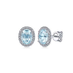  14K White Gold  Stud 14K White Gold Oval Halo Aquamarine and Diamond Stud Earrings GabrielCo Surrey Vancouver Canada Langley Burnaby Richmond