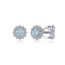  14K White Gold  Stud 14K White Gold Round Halo Aquamarine and Diamond Stud Earrings GabrielCo Surrey Vancouver Canada Langley Burnaby Richmond