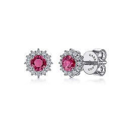  14K White Gold  Stud 14K White Gold Round Ruby and Diamond Halo Stud Earrings GabrielCo Surrey Vancouver Canada Langley Burnaby Richmond