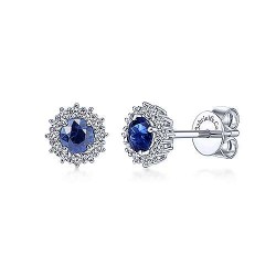  14K White Gold  Stud 14K White Gold Round Sapphire and Diamond Halo Stud Earrings GabrielCo Surrey Vancouver Canada Langley Burnaby Richmond