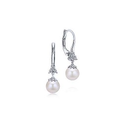  14K White Gold  Drop 14K White Gold Cultured Pearl Diamond Drop Earrings GabrielCo Surrey Vancouver Canada Langley Burnaby Richmond
