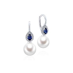  14K White Gold  Drop 14K White Gold Pear Sapphire and Diamond Halo Earrings with Pearl Drops GabrielCo Surrey Vancouver Canada Langley Burnaby Richmond
