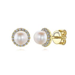  14K Yellow Gold  Stud 14K Yellow Gold Round Diamond Halo Pearl Stud Earrings GabrielCo Surrey Vancouver Canada Langley Burnaby Richmond