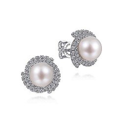  14K White Gold  Stud 14K White Gold Round Cultured Pearl Swirling Diamond Halo Stud Earrings GabrielCo Surrey Vancouver Canada Langley Burnaby Richmond