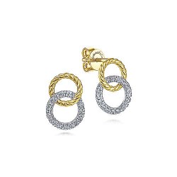  14K WhiteYellow Gold  Drop 14K Yellow-White Gold Open Circle Twisted Rope and Diamond Stud Earrings GabrielCo Surrey Vancouver Canada Langley Burnaby Richmond