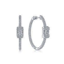 18K White Gold 30mm Baguette with Halo Station Diamond Hoop Earrings Surrey Vancouver Canada Langley Burnaby Richmond