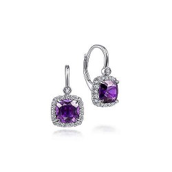  14K White Gold  Drop 14K White Gold Cushion Cut Amethyst and Diamond Halo Drop Earrings GabrielCo Surrey Vancouver Canada Langley Burnaby Richmond