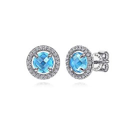  14K White Gold  Stud 14K White Gold Round Blue Topaz Floating Diamond Halo Stud Earrings GabrielCo Surrey Vancouver Canada Langley Burnaby Richmond