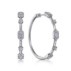  14K White Gold  Hoops 14K White Gold 40mm Diamond Baguette and Round Station Hoop Earrings GabrielCo Surrey Vancouver Canada Langley Burnaby Richmond