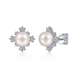  14K White Gold  Stud 14K White Gold Diamond and Pearl Stud Earrings GabrielCo Surrey Vancouver Canada Langley Burnaby Richmond
