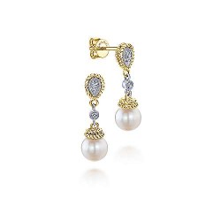 14K WhiteYellow Gold  Drop 14K Yellow-White Gold Dangly Diamond and Pearl Drop Earrings GabrielCo Surrey Vancouver Canada Langley Burnaby Richmond