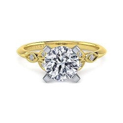 Vintage Inspired 14K White-Yellow Gold Split Shank Round Diamond Engagement Ring Surrey Vancouver Canada Langley Burnaby Richmond