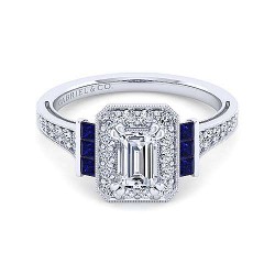 Vintage Inspired 14K White Gold Halo Emerald Cut Sapphire and Diamond Engagement Ring Surrey Vancouver Canada Langley Burnaby Richmond