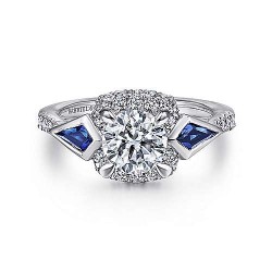  14K White Gold  Three-stone halo 14K White Gold 3 Stone Sapphire and Diamond Engagement Ring GabrielCo Surrey Vancouver Canada Langley Burnaby Richmond