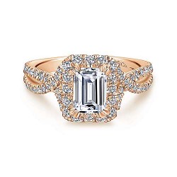 14K Rose Gold Halo Emerald Cut Diamond Engagement Ring Surrey Vancouver Canada Langley Burnaby Richmond