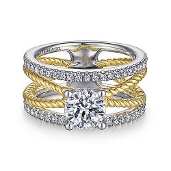 14K White-Yellow Gold Free Form Round Diamond Engagement Ring Surrey Vancouver Canada Langley Burnaby Richmond