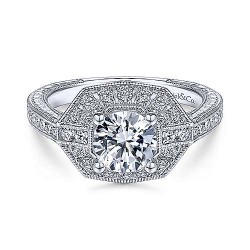  14K White Gold  Double halo 14K White Gold Round Diamond Engagement Ring GabrielCo Surrey Vancouver Canada Langley Burnaby Richmond