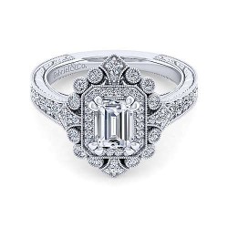  14K White Gold  Double halo Art Deco 14K White Gold Double Halo Emerald Cut Diamond Engagement Ring GabrielCo Surrey Vancouver Canada Langley Burnaby Richmond
