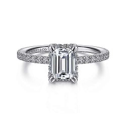  14K White Gold  Halo 14K White Gold Hidden Halo Emerald Cut Diamond Engagement Ring GabrielCo Surrey Vancouver Canada Langley Burnaby Richmond