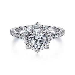  14K White Gold  Halo 14K White Gold Floral Halo Round Diamond Engagement Ring GabrielCo Surrey Vancouver Canada Langley Burnaby Richmond