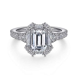 14K White Gold  Halo Art Deco 14K White Gold Halo Emerald Cut Diamond Engagement Ring GabrielCo Surrey Vancouver Canada Langley Burnaby Richmond