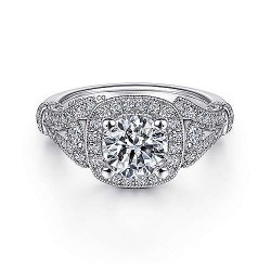 Vintage Inspired 14K White Gold Cushion Halo Round Diamond Engagement Ring Surrey Vancouver Canada Langley Burnaby Richmond