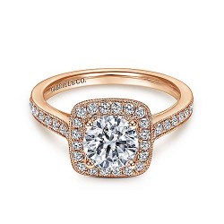 Vintage Inspired 14K Rose Gold Round Halo Diamond Engagement Ring Surrey Vancouver Canada Langley Burnaby Richmond