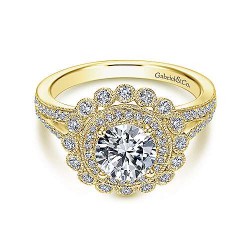  14K Yellow Gold  Double halo 14K Yellow Gold Round Double Halo Diamond Engagement Ring GabrielCo Surrey Vancouver Canada Langley Burnaby Richmond