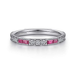  14K White Gold  Stackable 14K White Gold Ruby Baguette and Diamond Stackable GabrielCo Surrey Vancouver Canada Langley Burnaby Richmond