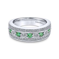  14K White Gold  Fashion 14K White Gold Vintage Inspired Emerald and Diamond Ring GabrielCo Surrey Vancouver Canada Langley Burnaby Richmond