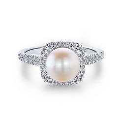  14K White Gold  Classic 14K White Gold Classic Cultured Pearl and Diamond Halo Ring GabrielCo Surrey Vancouver Canada Langley Burnaby Richmond