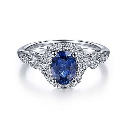  14K White Gold  Classic 14K White Gold Oval Sapphire and Diamond Halo Ring GabrielCo Surrey Vancouver Canada Langley Burnaby Richmond