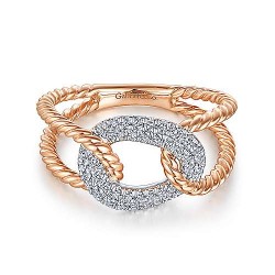 14K WhiteRose Gold  Twisted 14K White and Rose Gold Twisted Rope Link Ring with Diamond Pave Station GabrielCo Surrey Vancouver Canada Langley Burnaby Richmond