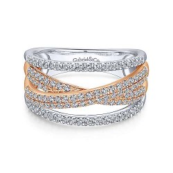  14K WhiteRose Gold  Twisted 14K Rose and White Gold Criss Crossing Multi Row Diamond Ring GabrielCo Surrey Vancouver Canada Langley Burnaby Richmond