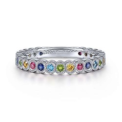  14K White Gold  Stackable 14K White Gold Rainbow Color Stone Bezel Ring GabrielCo Surrey Vancouver Canada Langley Burnaby Richmond