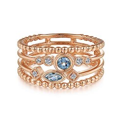  14K Rose Gold  Easy stackable 14K Rose Gold Swiss Blue Topaz and Diamond Multi Row Ring GabrielCo Surrey Vancouver Canada Langley Burnaby Richmond