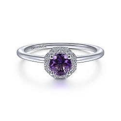  14K White Gold  Fashion 14K White Gold Hexagonal Diamond Halo and Round Amethyst Ring GabrielCo Surrey Vancouver Canada Langley Burnaby Richmond